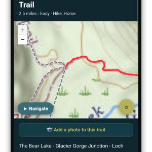 Close-up of a trail route drawn in red on the Larimer Wilds Trails app offline topographic map