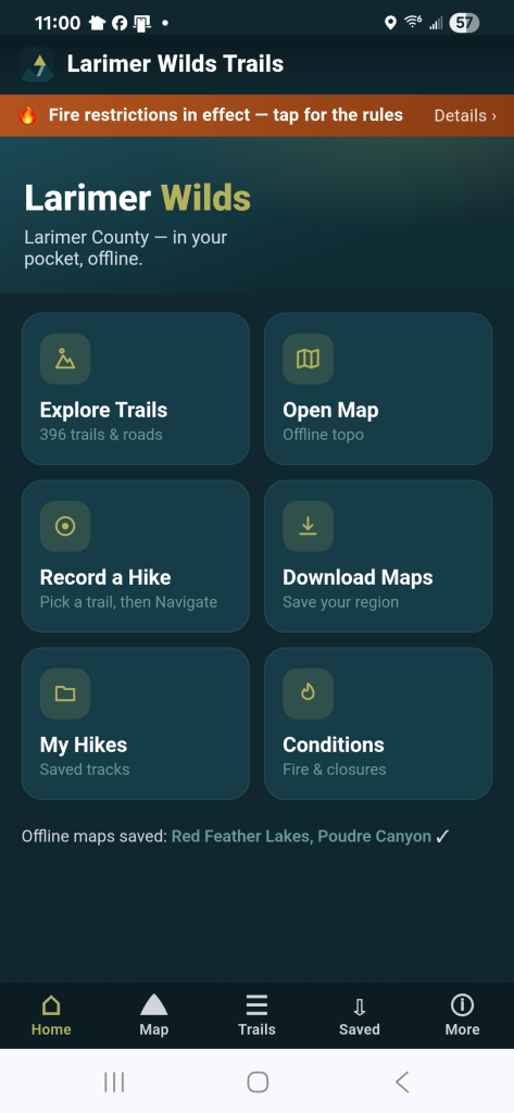 Larimer Wilds Trails app home screen