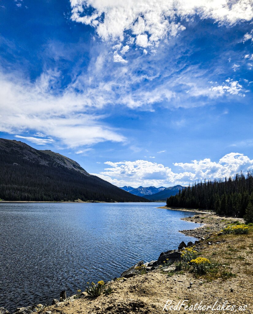 Long Draw Reservoir stretching toward forested mountains under a blue sky in the upper Poudre high country near Cameron Pass, Northwest Larimer County, Colorado