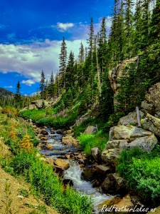 A cold snowmelt stream dropping through boulders beside Long Draw Road