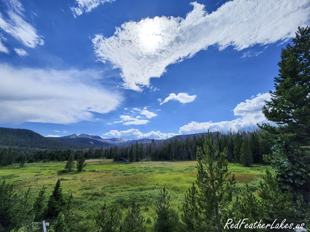 A green subalpine meadow opening to distant peaks along Long Draw Road in the upper Poudre high country near Cameron Pass, Northwest Larimer County, Colorado