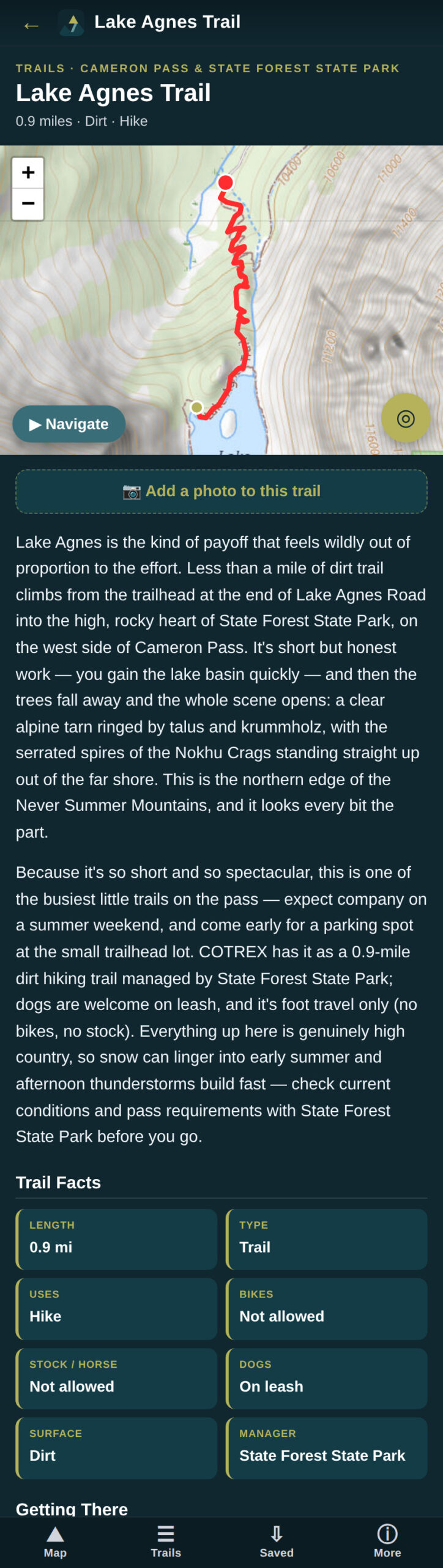 Lake Agnes trail detail in the Larimer Wilds Trails app showing the map and description