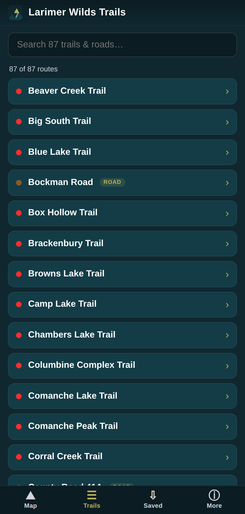 Searchable trail list in the Larimer Wilds Trails app