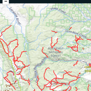 Larimer Wilds Trails app showing the master map of trails across Northwest Larimer County, Colorado