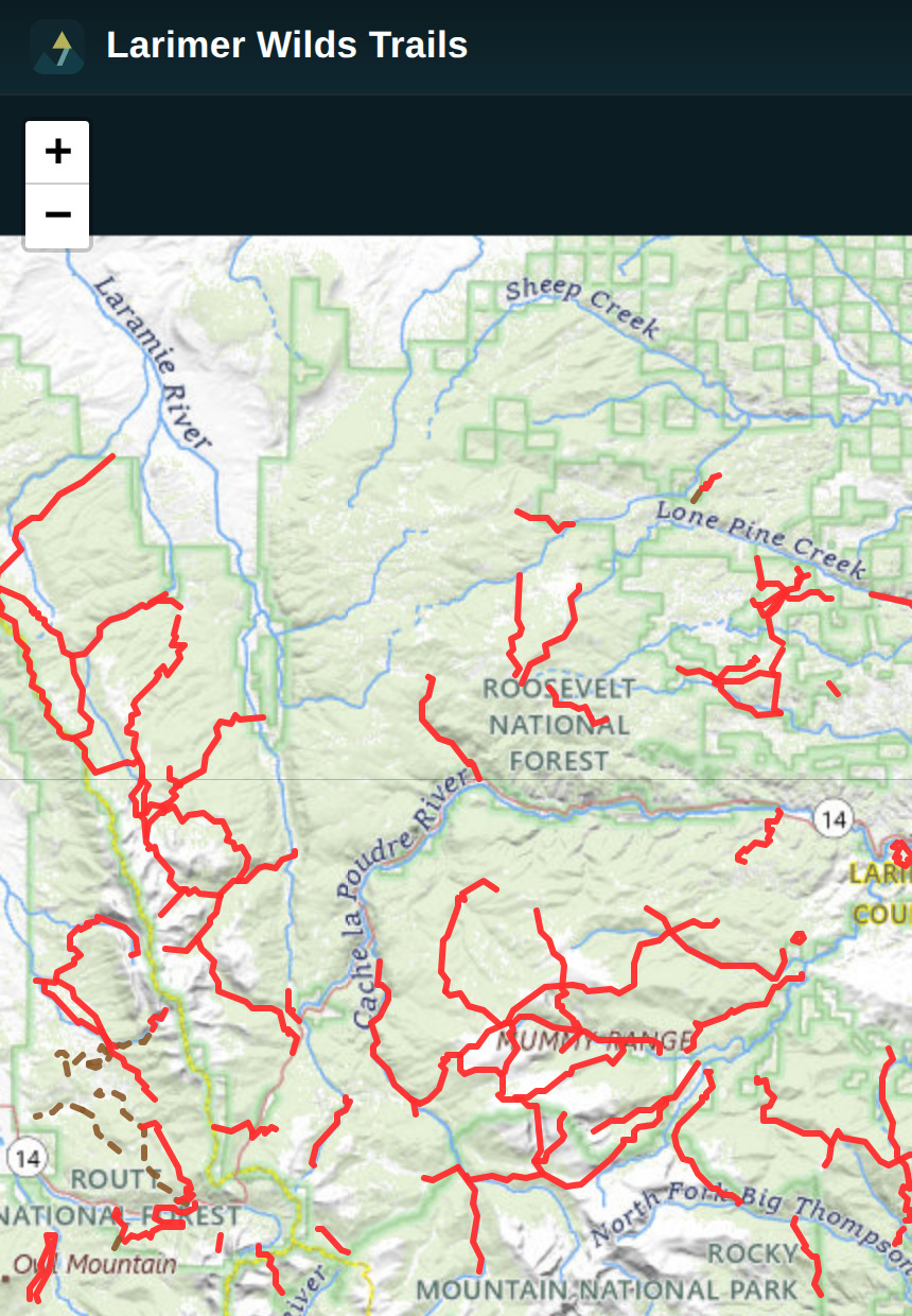 Larimer Wilds Trails app showing the master map of trails across Northwest Larimer County, Colorado