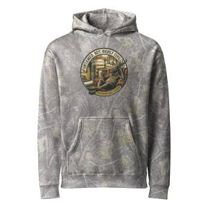 Marbled camo heavyweight hoodie with a circular badge reading Untamed but Highly Civilized, Red Feather Lakes Colorado, over a rustic cabin scene