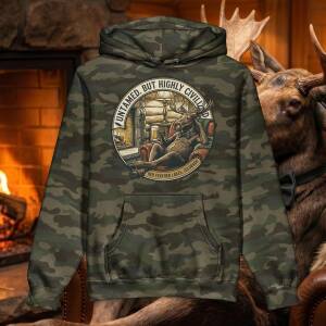 Forest camo Untamed but Highly Civilized — Red Feather Lakes Camo Hoodie, front view
