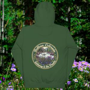 Forest green Cache la Poudre Wilderness — Colorado Pullover Hoodie, back view