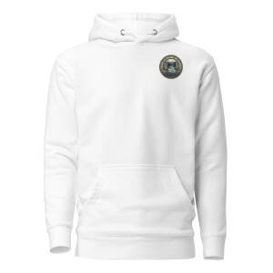 White premium pullover hoodie with a small left-chest badge reading Cache la Poudre Wilderness Colorado over an aspen and river scene