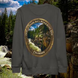 Cache la Poudre National Wild and Scenic River brass medallion design on a premium sweatshirt, vintage black, back view
