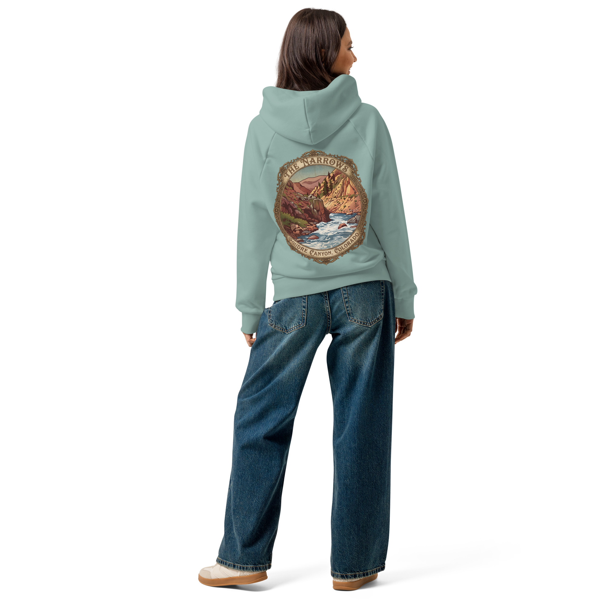 The Narrows Poudre Canyon Colorado vintage badge design on a super heavyweight hoodie, arona, back view