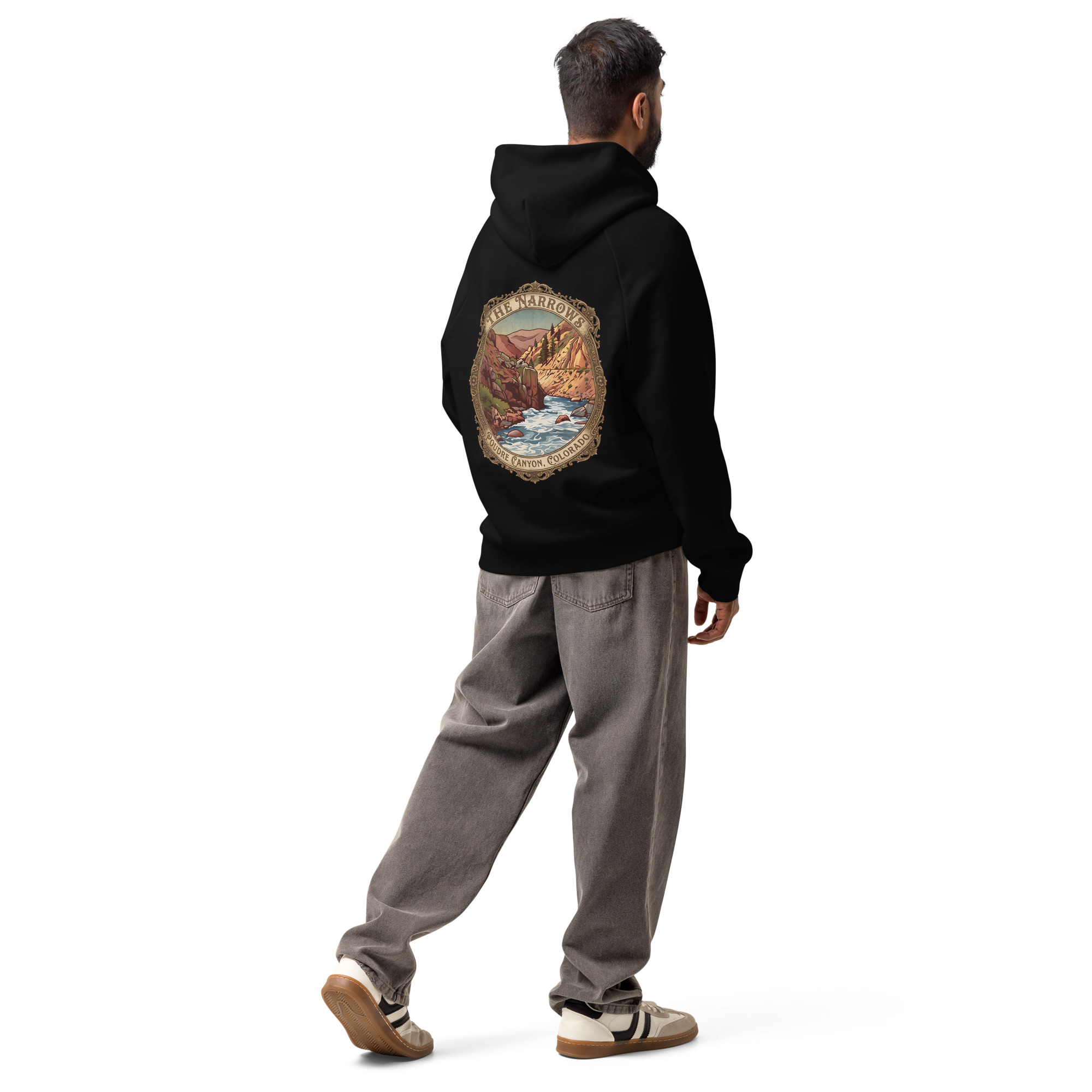 The Narrows Poudre Canyon Colorado vintage badge design on a super heavyweight hoodie, black, back view
