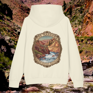The Narrows Poudre Canyon Colorado vintage badge design on a super heavyweight hoodie, cream, back view