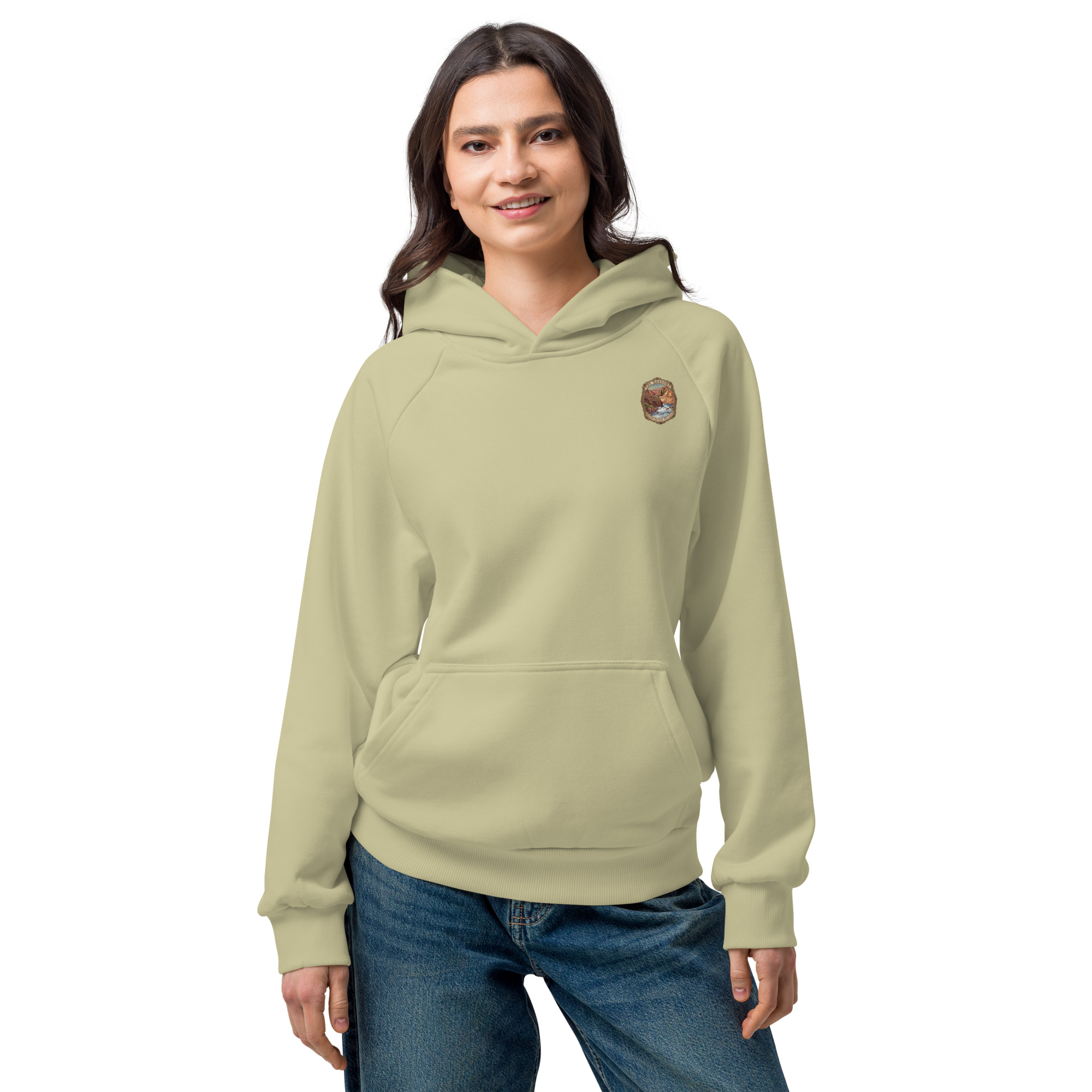 The Narrows Poudre Canyon Colorado vintage badge design on a super heavyweight hoodie, moss gray, front