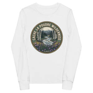 White youth long-sleeve t-shirt with a circular badge reading Cache la Poudre Wilderness Colorado over aspens, a river and wildflowers